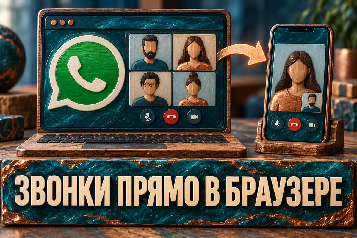 Логотип WhatsApp и надпись «ЗВОНКИ ПРЯМО В БРАУЗЕРЕ»: Большой зелёный логотип WhatsApp на окне браузера, аккуратная сетка видеозвонка, плавная стрелка к