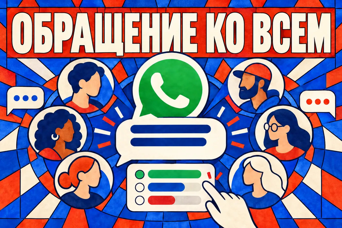 Логотип WhatsApp и надпись «ОБРАЩЕНИЕ КО ВСЕМ»: Логотип WhatsApp, большая типографическая плашка @all над разнообразными круглыми аватарами и