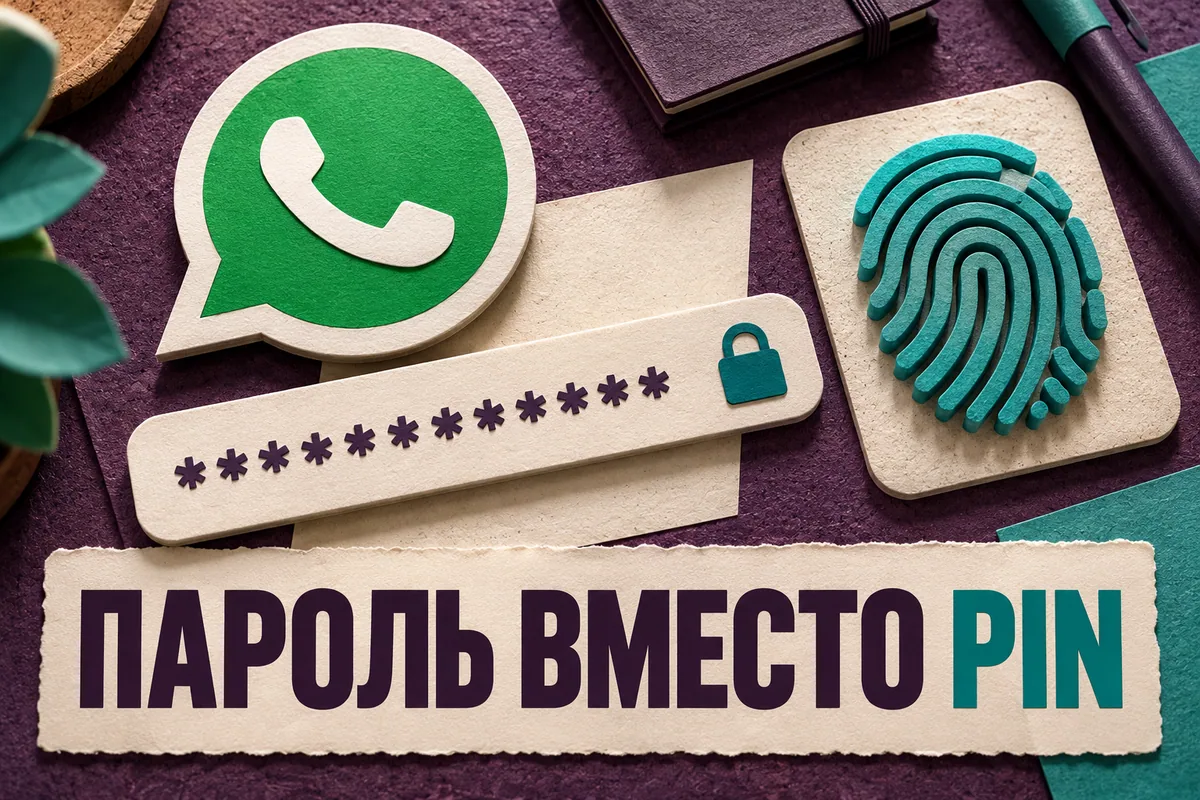 Логотип WhatsApp и надпись «ПАРОЛЬ ВМЕСТО PIN»: Узнаваемый логотип WhatsApp, длинная защищённая строка пароля и объёмный отпечаток пальца, спокойный