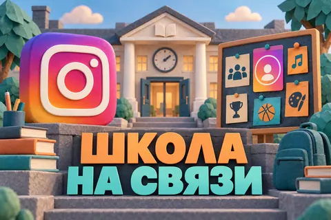 Логотип Instagram и надпись «ШКОЛА НА СВЯЗИ»: Узнаваемый логотип Instagram, школьный фасад из бумаги и доска объявлений с яркими карточками клуба и