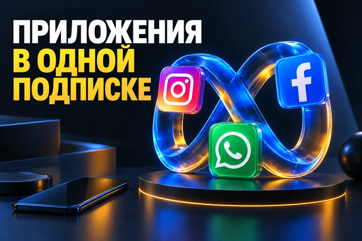 Логотипы Instagram, Facebook, WhatsApp и надпись «ПРИЛОЖЕНИЯ В ОДНОЙ ПОДПИСКЕ»: Узнаваемые логотипы Instagram, Facebook и WhatsApp на трёх отдельных объёмных плитках соединяются в