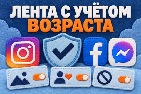 Логотипы Instagram, Facebook, Messenger и надпись «ЛЕНТА С УЧЁТОМ ВОЗРАСТА»: Узнаваемые знаки Instagram, Facebook и Messenger, нейтральный защитный бейдж 13+ и три мягких