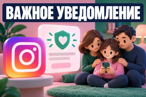 Логотип Instagram и надпись «ВАЖНОЕ УВЕДОМЛЕНИЕ»: Логотип Instagram и спокойный семейный силуэт, мягко подсвеченная карточка уведомления и знак поддержки