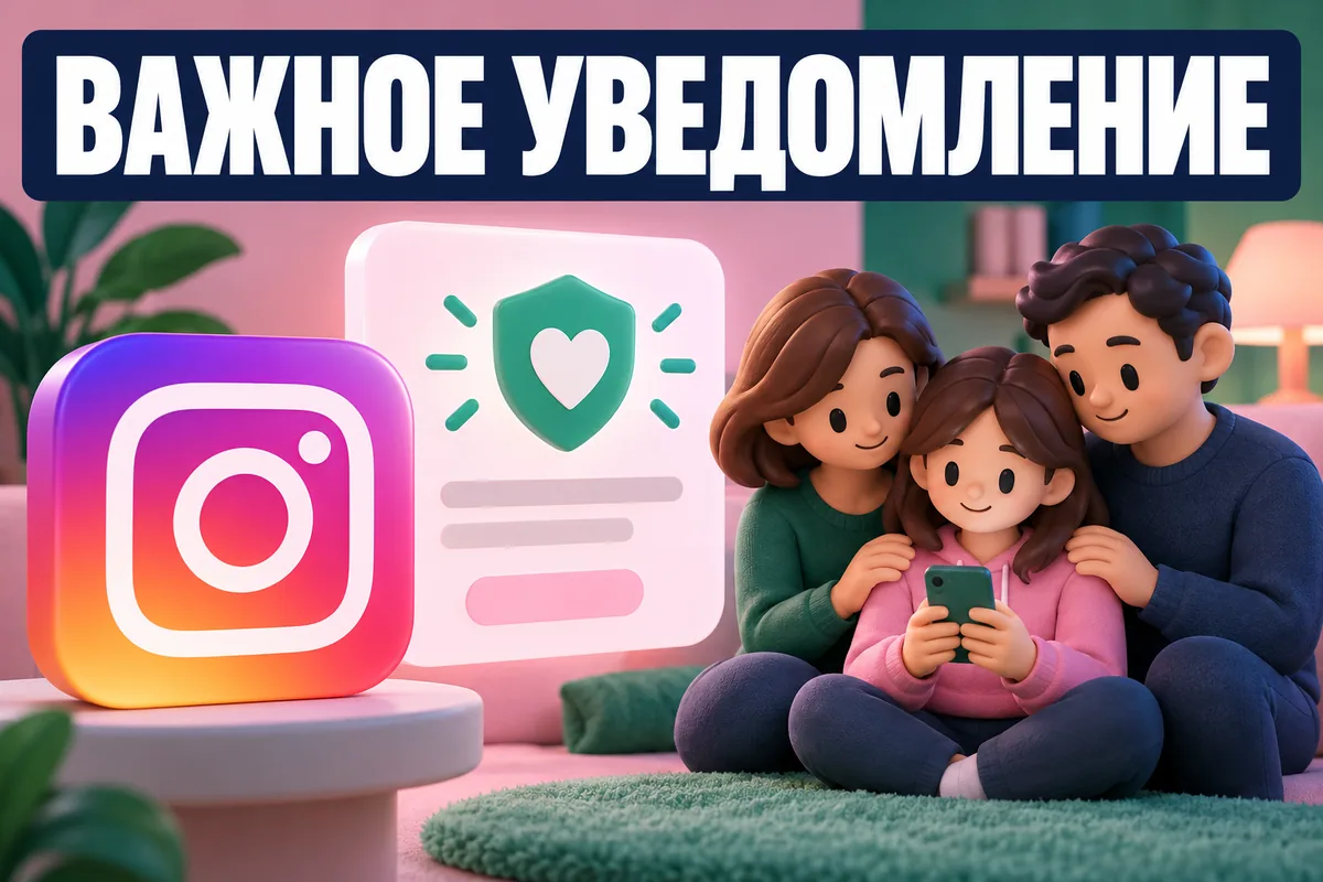 Логотип Instagram и надпись «ВАЖНОЕ УВЕДОМЛЕНИЕ»: Логотип Instagram и спокойный семейный силуэт, мягко подсвеченная карточка уведомления и знак поддержки