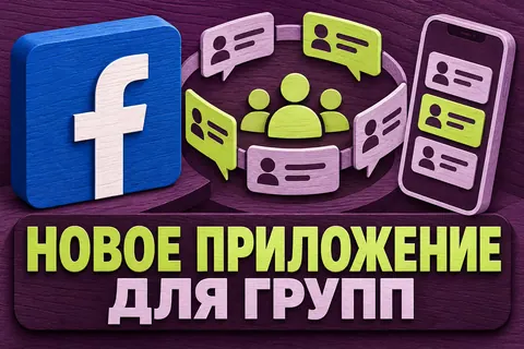 Логотип Facebook и надпись «НОВОЕ ПРИЛОЖЕНИЕ ДЛЯ ГРУПП»: Большая буква f Facebook на синем блоке, круговой форум из чат-карточек и отдельный смартфон, текст