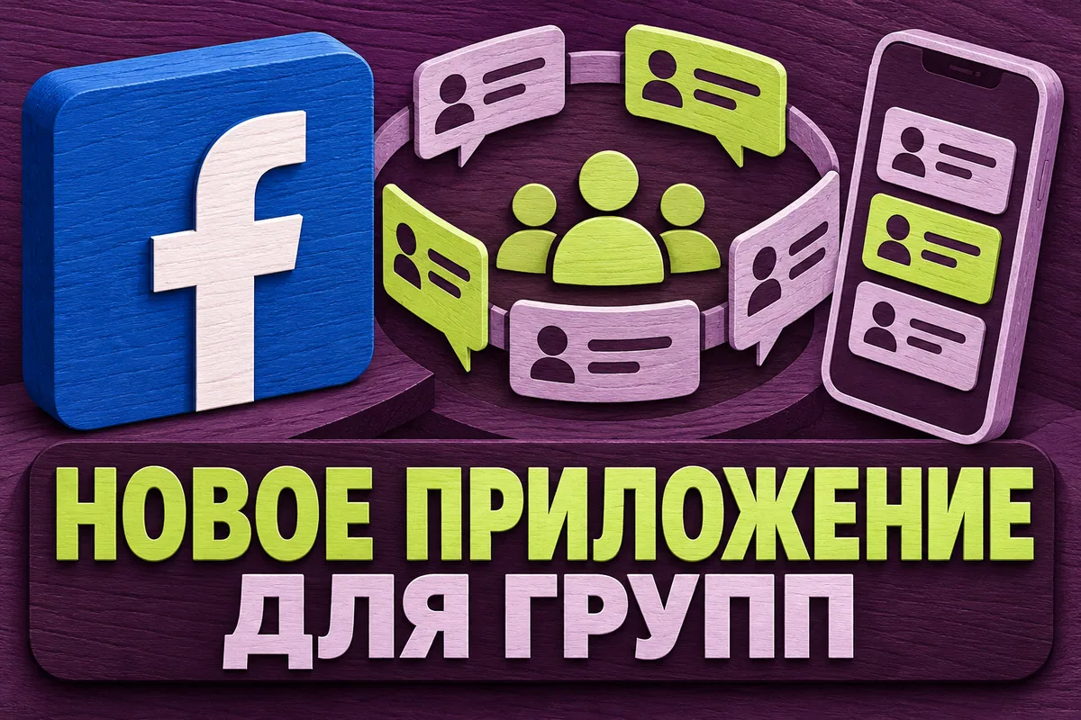 Логотип Facebook и надпись «НОВОЕ ПРИЛОЖЕНИЕ ДЛЯ ГРУПП»: Большая буква f Facebook на синем блоке, круговой форум из чат-карточек и отдельный смартфон, текст