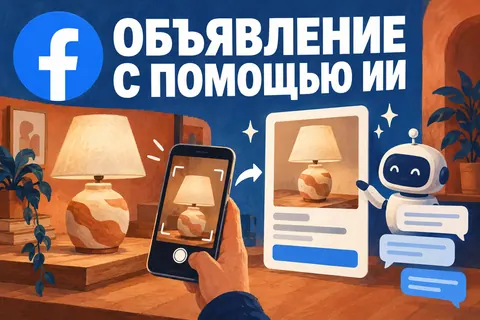 Логотип Facebook и надпись «ОБЪЯВЛЕНИЕ С ПОМОЩЬЮ ИИ»: Логотип Facebook рядом с керамической лампой на мини-витрине, фотография превращается в аккуратную