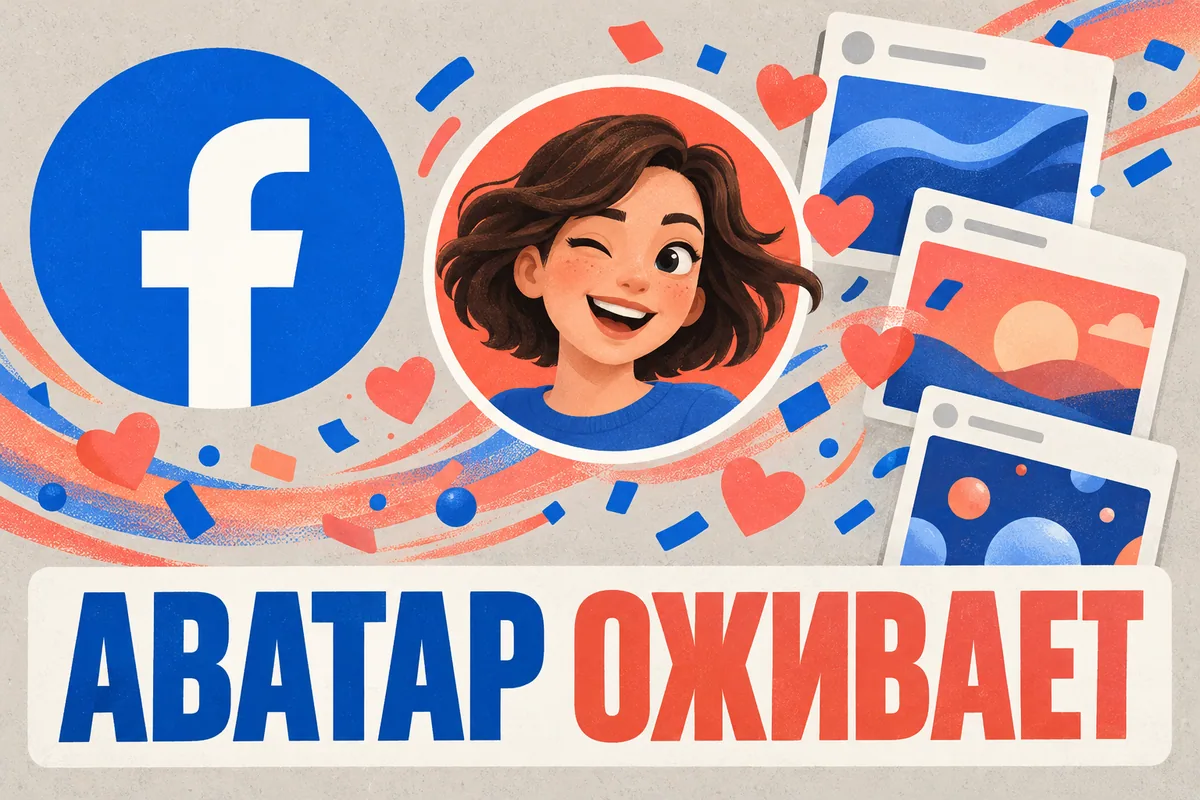 Логотип Facebook и надпись «АВАТАР ОЖИВАЕТ»: Синий логотип Facebook, круглая дружелюбная портретная карточка и волна конфетти/сердечек с ощущением