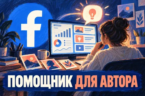 Логотип Facebook и надпись «ПОМОЩНИК ДЛЯ АВТОРА»: Чёткая буква f Facebook, рабочий стол автора с творческими карточками и аналитическим экраном, сияющая