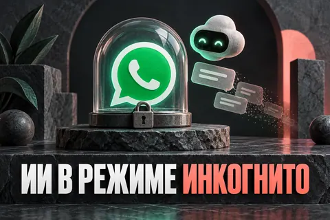 Логотип WhatsApp и надпись «ИИ В РЕЖИМЕ ИНКОГНИТО»: Логотип WhatsApp в прозрачной закрытой сфере, облачко ИИ и тихо исчезающие текстовые карточки, без