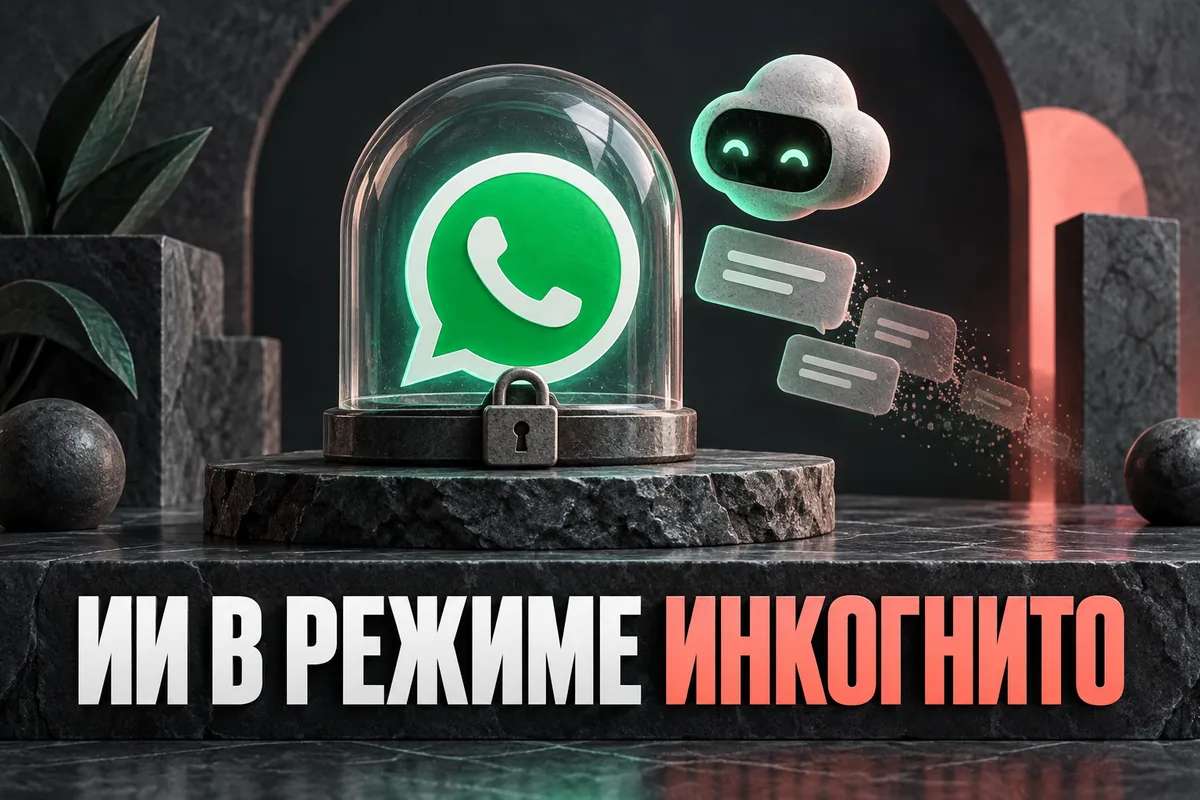 Логотип WhatsApp и надпись «ИИ В РЕЖИМЕ ИНКОГНИТО»: Логотип WhatsApp в прозрачной закрытой сфере, облачко ИИ и тихо исчезающие текстовые карточки, без