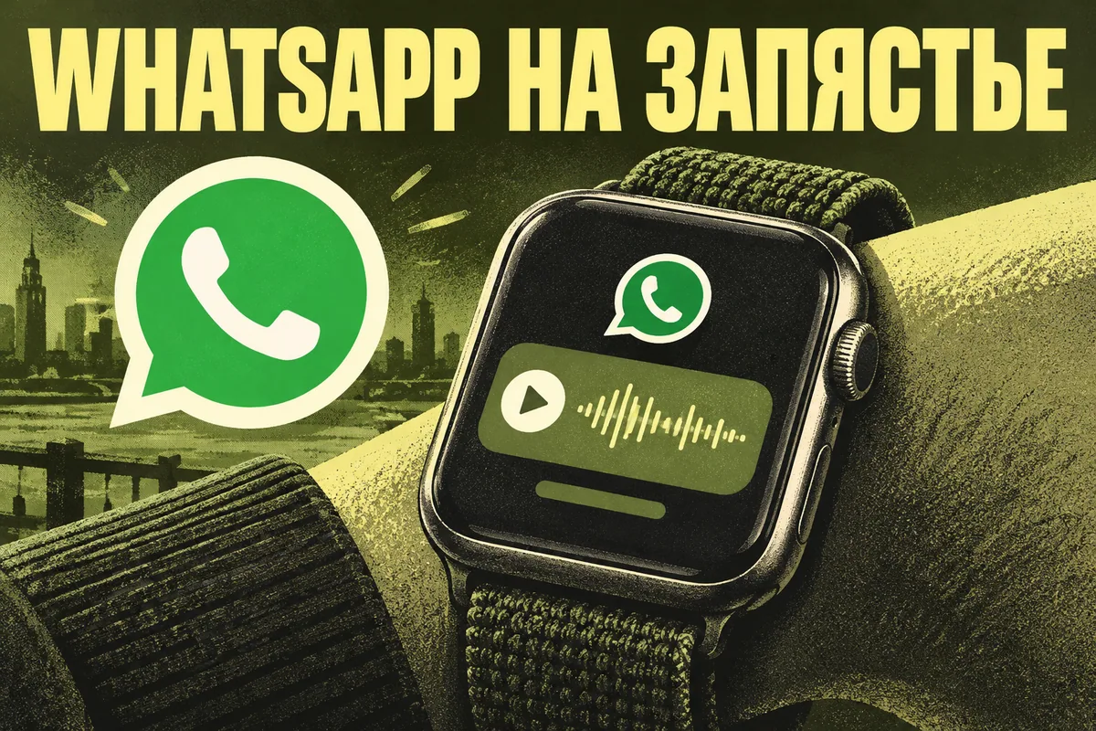Логотип WhatsApp и надпись «WHATSAPP НА ЗАПЯСТЬЕ»: Логотип WhatsApp и крупные Apple Watch на фактурном ремешке с карточкой голосового сообщения