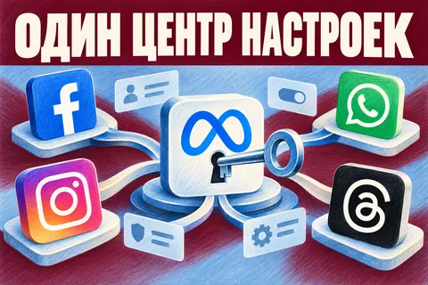Логотипы Instagram, Facebook, WhatsApp и надпись «ОДИН ЦЕНТР НАСТРОЕК»: Узнаваемые логотипы Facebook, Instagram и Threads на разных плитках вокруг общего центра с ключом Meta