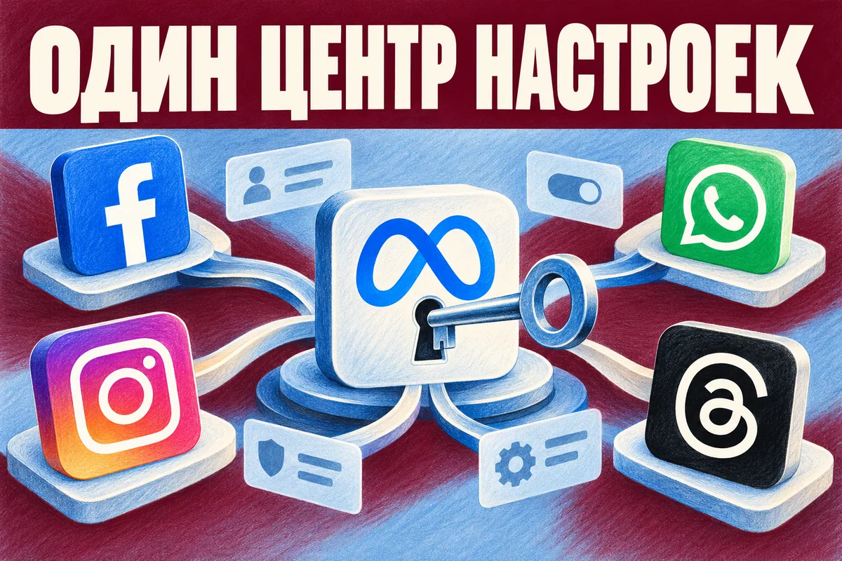 Логотипы Instagram, Facebook, WhatsApp и надпись «ОДИН ЦЕНТР НАСТРОЕК»: Узнаваемые логотипы Facebook, Instagram и Threads на разных плитках вокруг общего центра с ключом Meta