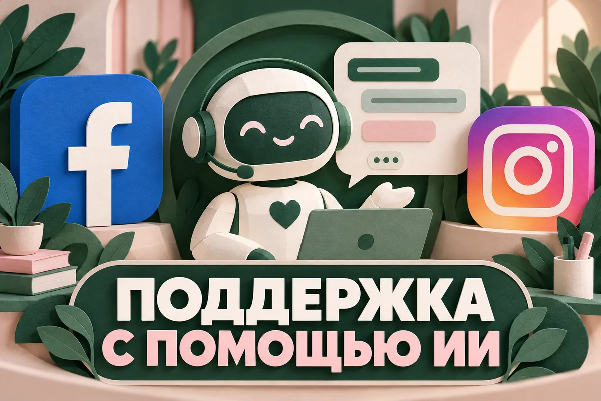 Логотипы Instagram, Facebook и надпись «ПОДДЕРЖКА С ПОМОЩЬЮ ИИ»: Крупные чёткие логотипы Facebook и Instagram по сторонам дружелюбной службы поддержки с диалоговым