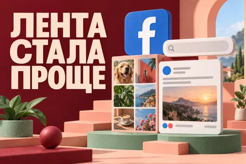 Логотип Facebook и надпись «ЛЕНТА СТАЛА ПРОЩЕ»: Узнаваемый синий логотип Facebook, яркая сетка фотографий, лаконичная панель поиска и карточка публикации