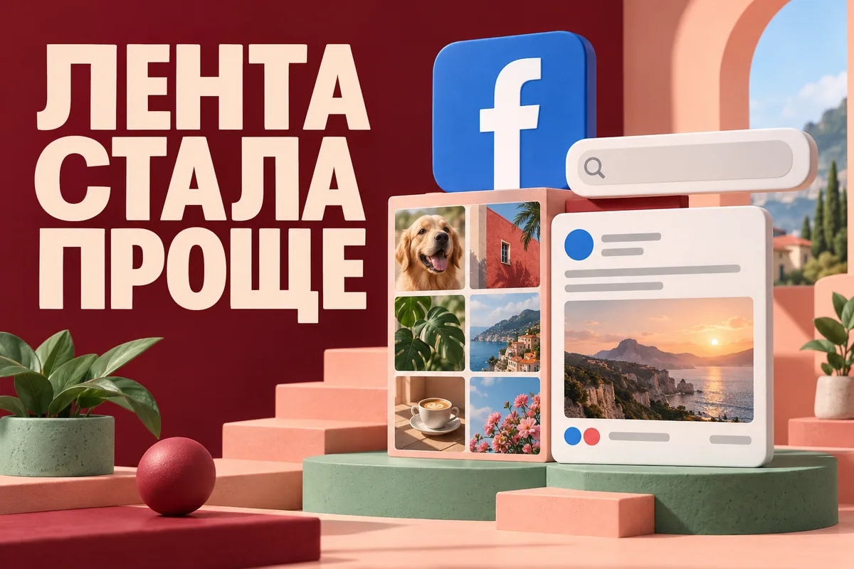 Логотип Facebook и надпись «ЛЕНТА СТАЛА ПРОЩЕ»: Узнаваемый синий логотип Facebook, яркая сетка фотографий, лаконичная панель поиска и карточка публикации