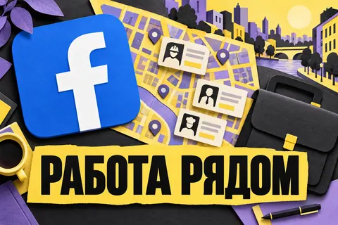 Логотип Facebook и надпись «РАБОТА РЯДОМ»: Большой логотип Facebook, карта района с карточками вакансий и портфель, тёплая городская иллюстрация
