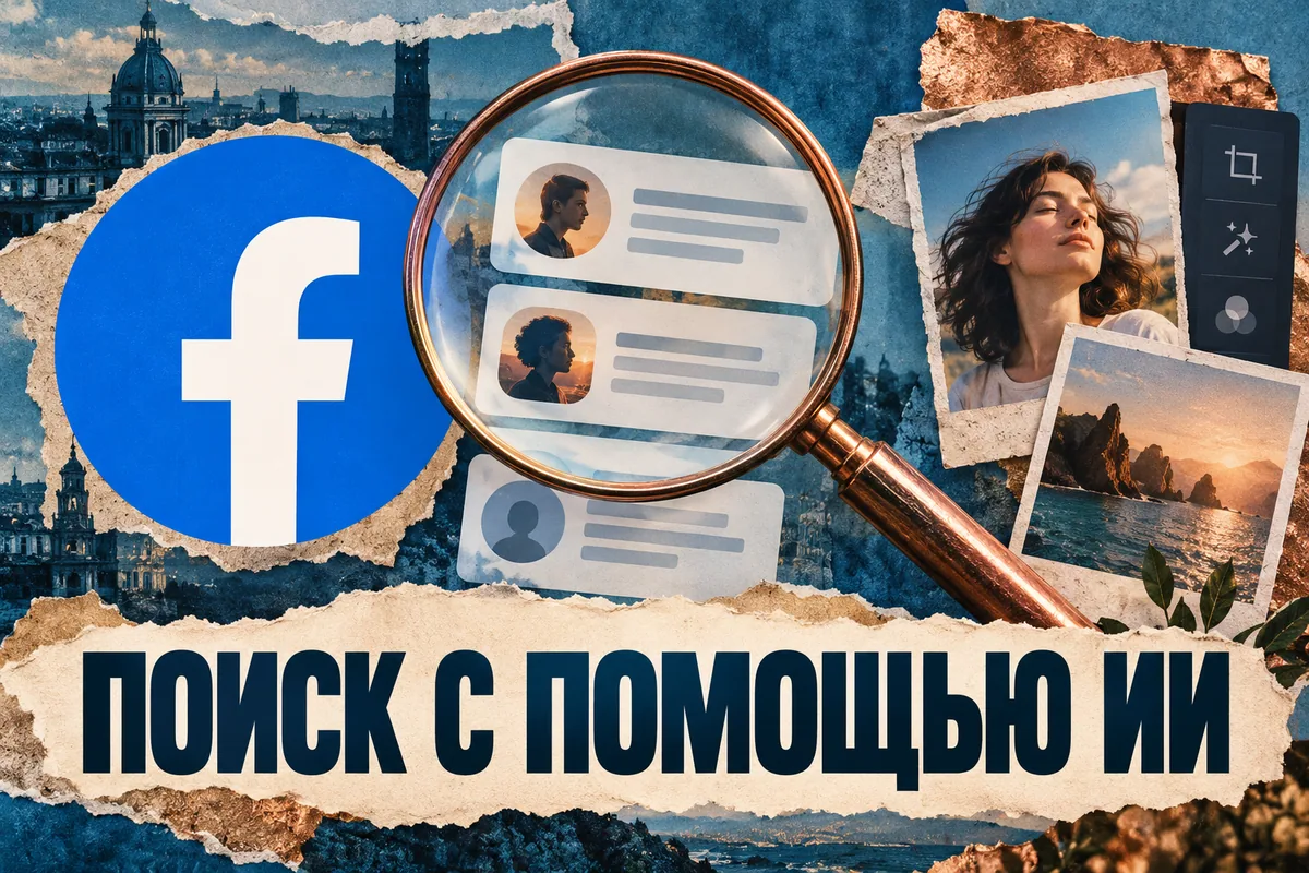 Логотип Facebook и надпись «ПОИСК С ПОМОЩЬЮ ИИ»: Логотип Facebook, большая поисковая линза над публичными карточками мнений и аккуратный фотоколлаж