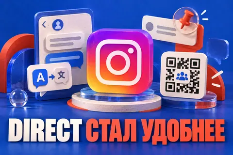 Логотип Instagram и надпись «DIRECT СТАЛ УДОБНЕЕ»: Градиентный узнаваемый логотип Instagram, переписка с маленькой переводной карточкой, кнопкой