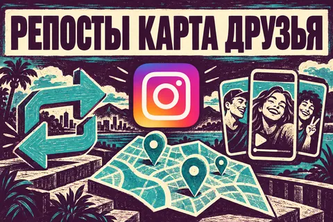 Логотип Instagram и надпись «РЕПОСТЫ КАРТА ДРУЗЬЯ»: Узнаваемый логотип Instagram, три выразительные сцены: стрелки репоста, объёмная карта и дружеские