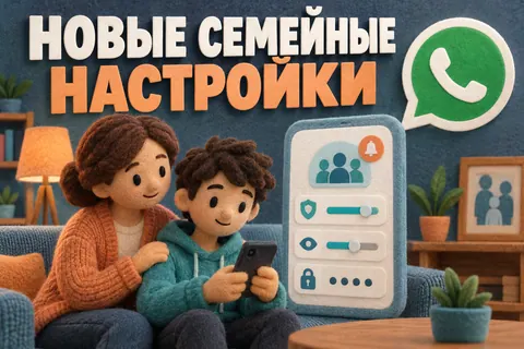 Логотип WhatsApp и надпись «НОВЫЕ СЕМЕЙНЫЕ НАСТРОЙКИ»: Зелёный логотип WhatsApp и семейная панель с ползунками приватности, родительским PIN и уведомлением