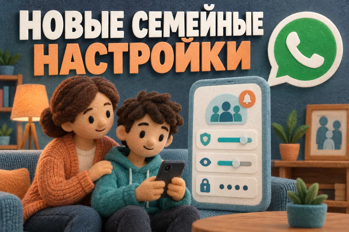 Логотип WhatsApp и надпись «НОВЫЕ СЕМЕЙНЫЕ НАСТРОЙКИ»: Зелёный логотип WhatsApp и семейная панель с ползунками приватности, родительским PIN и уведомлением