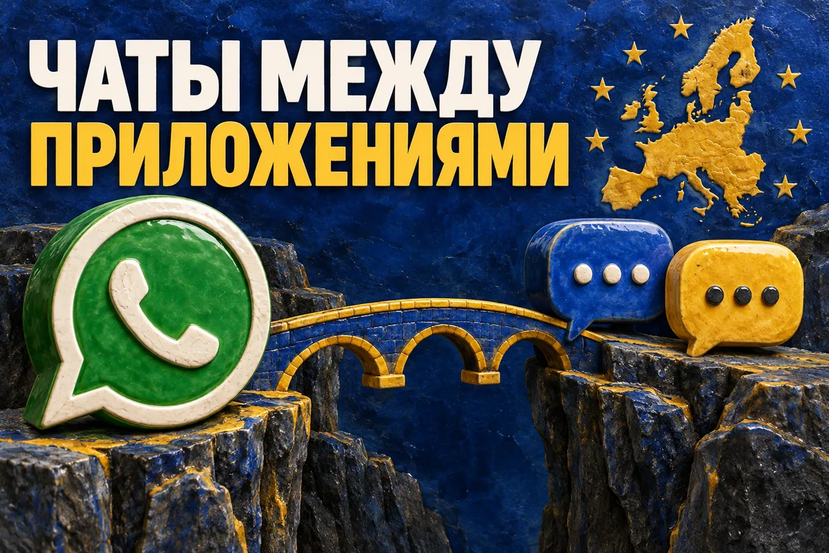 Логотип WhatsApp и надпись «ЧАТЫ МЕЖДУ ПРИЛОЖЕНИЯМИ»: Узнаваемый логотип WhatsApp, мост к двум нейтральным чат-пузырям без чужих неподтверждённых брендов и