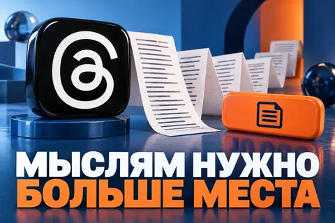 Логотип Threads и надпись «МЫСЛЯМ НУЖНО БОЛЬШЕ МЕСТА»: Крупный узнаваемый логотип Threads и раскрывающаяся бумажная гармошка текста, печатная плашка 10 000