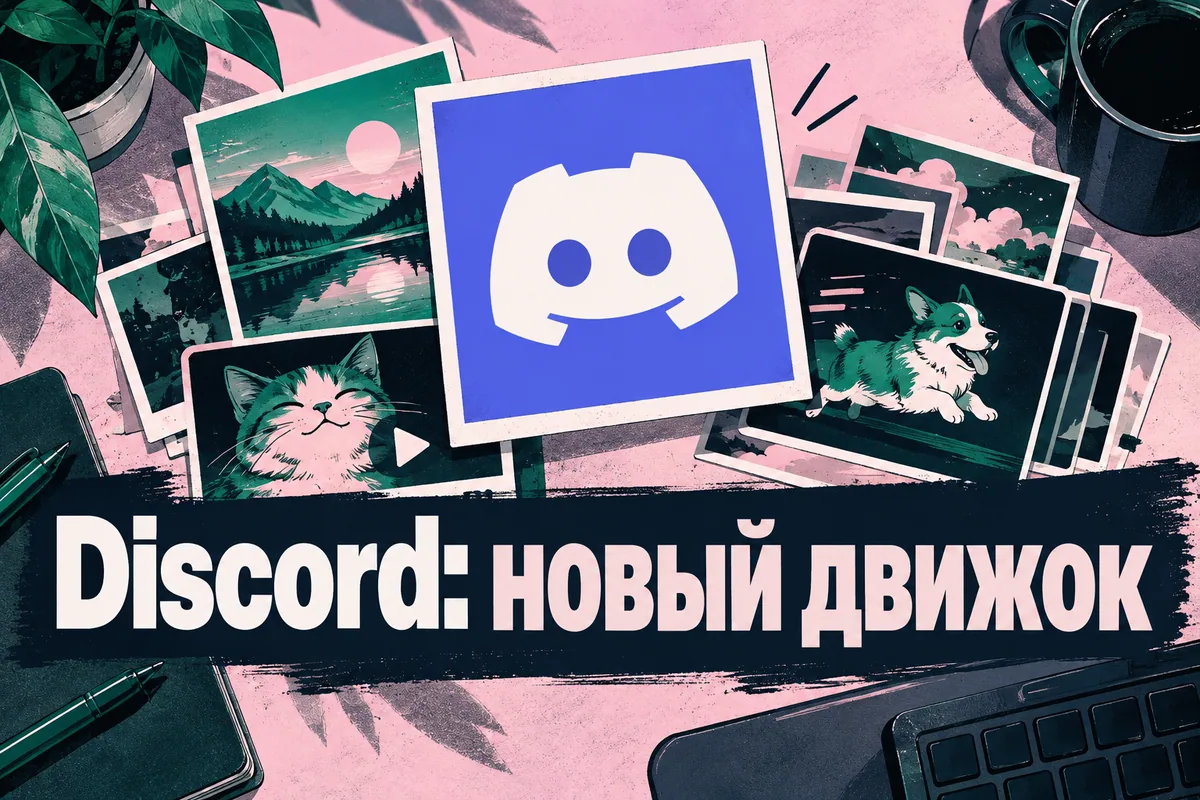 Логотип Discord и надпись «Discord: новый движок»: Узнаваемый логотип Discord, стилизованные слои фотографий и GIF-карточек