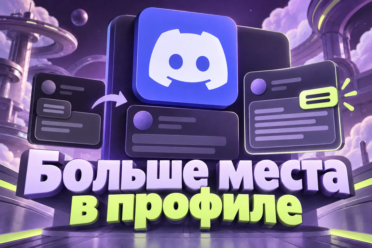 Логотип Discord и надпись «Больше места в профиле»: Большой логотип Discord на карточке профиля, выразительная типографика Больше места в профиле,