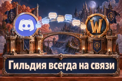 Логотип Discord и надпись «Гильдия всегда на связи»: Логотип Discord соединён с золотой эмблемой World of Warcraft мостом из пузырей сообщений