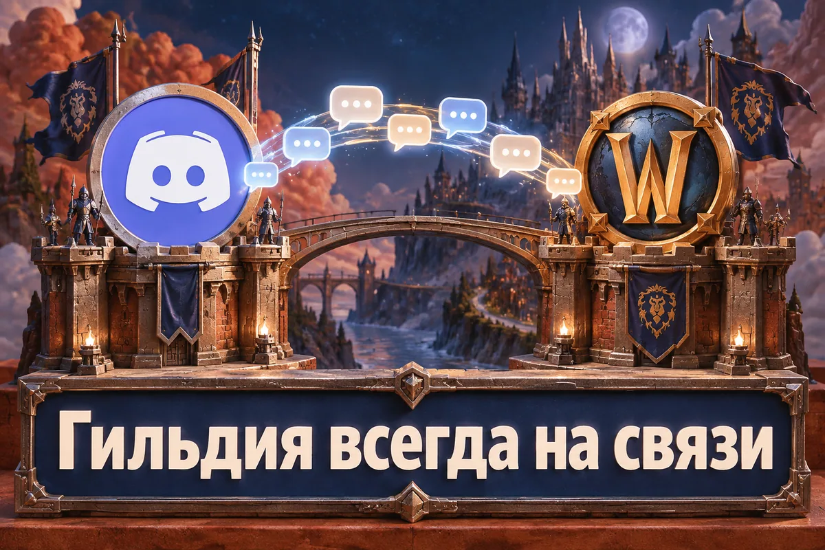 Логотип Discord и надпись «Гильдия всегда на связи»: Логотип Discord соединён с золотой эмблемой World of Warcraft мостом из пузырей сообщений