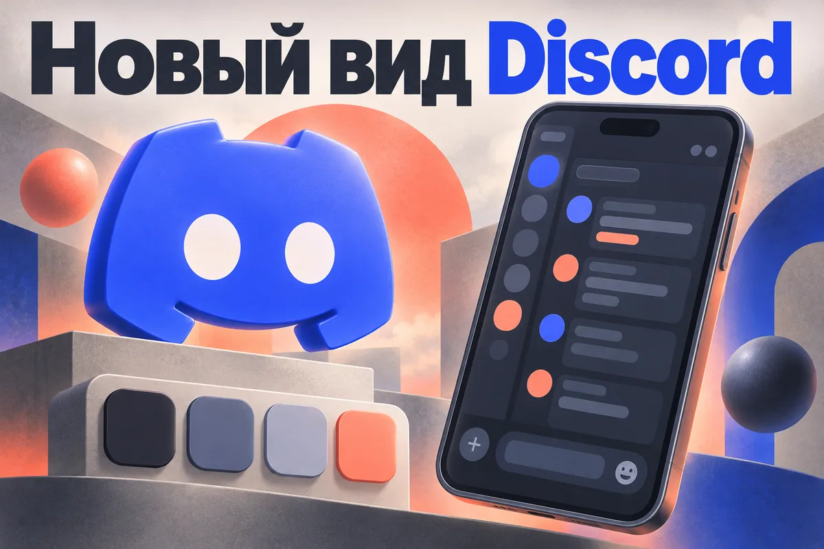 Логотип Discord и надпись «Новый вид Discord»: Узнаваемый логотип Discord, четыре цветовых образца тем и крупный телефон с условными кругами и