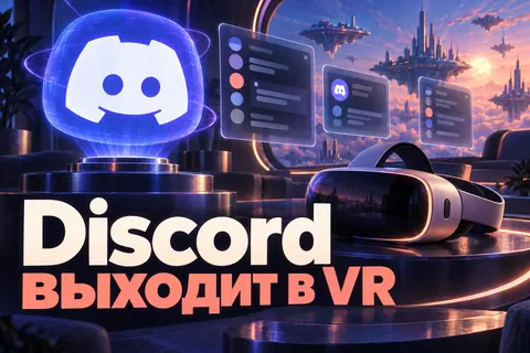 Логотип Discord и надпись «Discord выходит в VR»: Логотип Discord в виде объёмной голограммы рядом с VR-гарнитурой, плавающие окна переписок, надпись