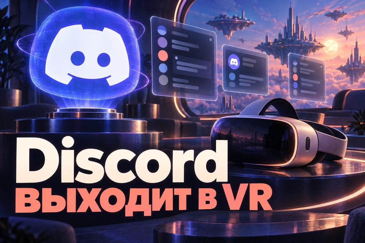 Логотип Discord и надпись «Discord выходит в VR»: Логотип Discord в виде объёмной голограммы рядом с VR-гарнитурой, плавающие окна переписок, надпись