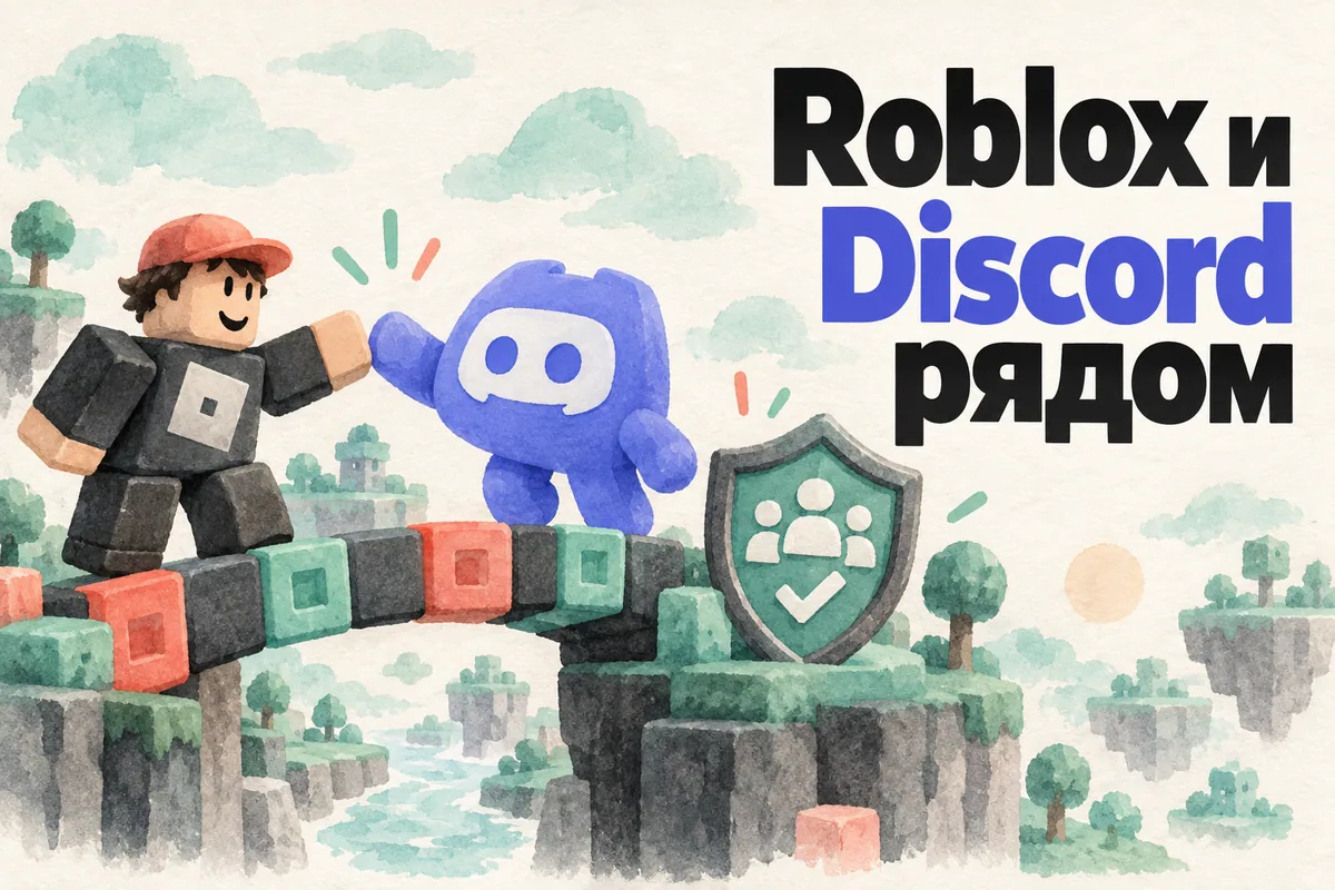 Логотип Discord и надпись «Roblox и Discord рядом»: Узнаваемые логотипы Discord и Roblox, схематичный безопасный мост из игровых кубов и щит проверки
