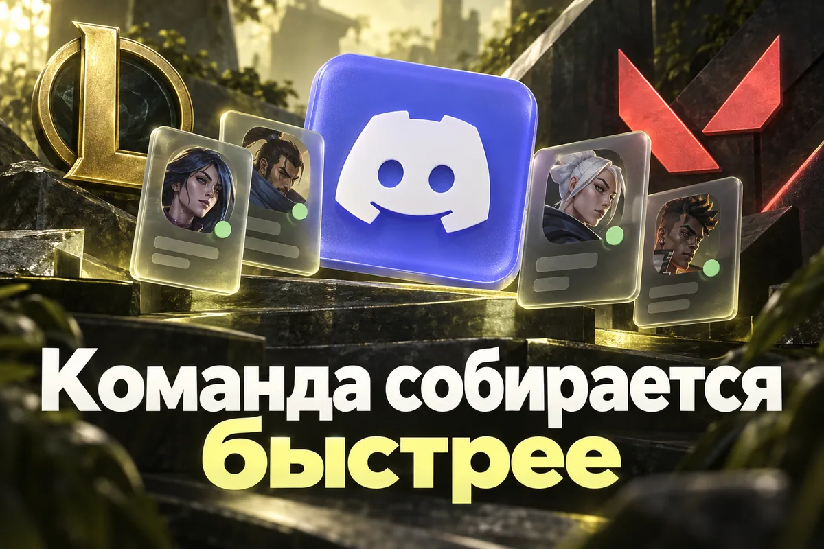 Логотип Discord и надпись «Команда собирается быстрее»: Логотип Discord и выразительные знаки VALORANT и League of Legends вокруг карточек игроков, надпись