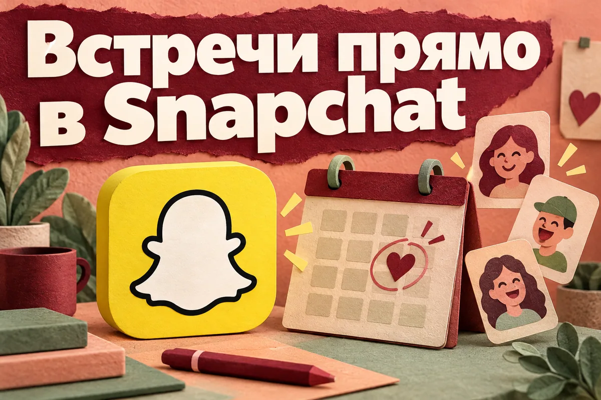 Логотип Snapchat и надпись «Встречи прямо в Snapchat»: Логотип Snapchat рядом с объёмным календарём и дружескими приглашениями, надпись Встречи прямо в Snapchat