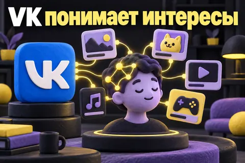 Логотип ВКонтакте и надпись «VK понимает интересы»: Крупный узнаваемый логотип VK и цветные карточки постов, сведённые в абстрактный нейропрофиль