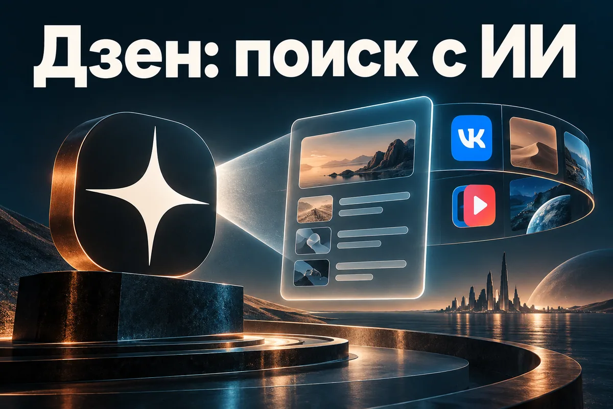 Логотип Дзен и надпись «Дзен: поиск с ИИ»: Узнаваемые логотипы Дзена и VK вокруг поискового луча и ответной карточки