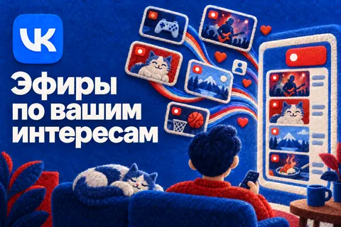 Логотип VK Видео и надпись «Эфиры по вашим интересам»: Логотип VK Видео, яркий LIVE-индикатор и разные карточки эфиров сходятся в персональную ленту