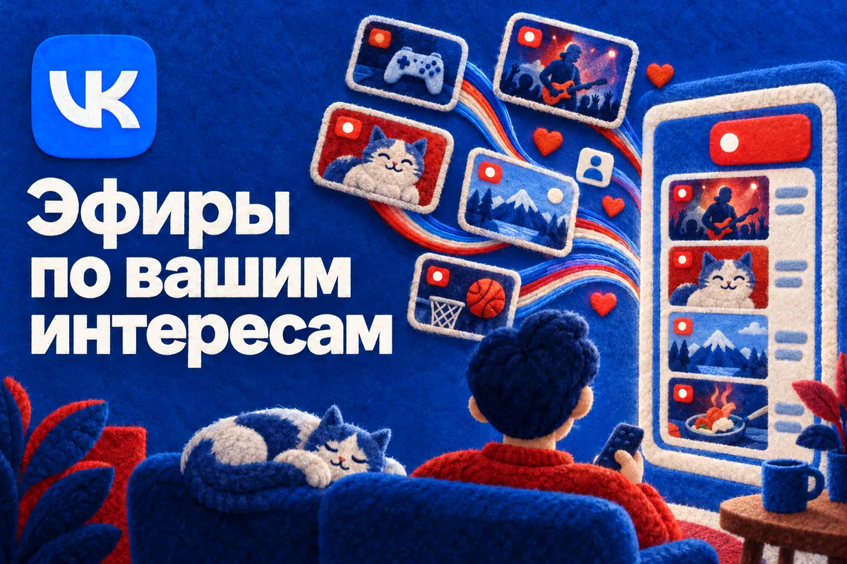 Логотип VK Видео и надпись «Эфиры по вашим интересам»: Логотип VK Видео, яркий LIVE-индикатор и разные карточки эфиров сходятся в персональную ленту