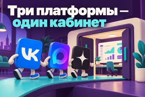 Логотипы ВКонтакте, MAX, Дзен и надпись «Три платформы — один кабинет»: Разные узнаваемые логотипы VK, MAX и Дзена на трёх рекламных карточках входят в один кабинет
