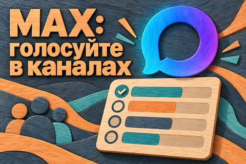 Логотип MAX и надпись «MAX: голосуйте в каналах»: Узнаваемый градиентный логотип MAX над карточкой голосования с несколькими цветными вариантами