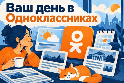 Логотип Одноклассники и надпись «Ваш день в Одноклассниках»: Узнаваемый оранжевый логотип Одноклассников, календарь, погода и газетные карточки