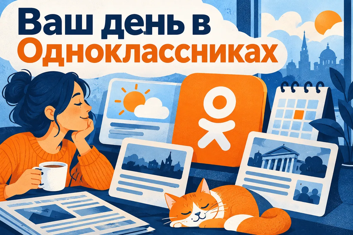 Логотип Одноклассники и надпись «Ваш день в Одноклассниках»: Узнаваемый оранжевый логотип Одноклассников, календарь, погода и газетные карточки
