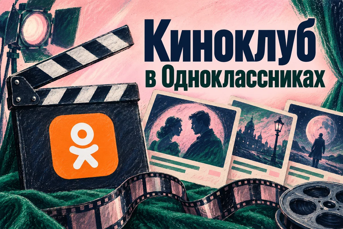 Логотип Одноклассники и надпись «Киноклуб в Одноклассниках»: Логотип Одноклассников на кинохлопушке, кинолента и большие редакционные карточки