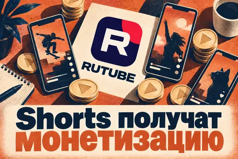 Логотип Rutube и надпись «Shorts получат монетизацию»: Узнаваемый логотип RUTUBE, вертикальные экраны и золотистые рекламные жетоны