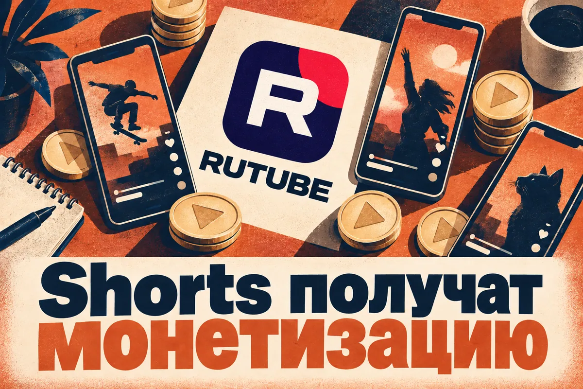 Логотип Rutube и надпись «Shorts получат монетизацию»: Узнаваемый логотип RUTUBE, вертикальные экраны и золотистые рекламные жетоны